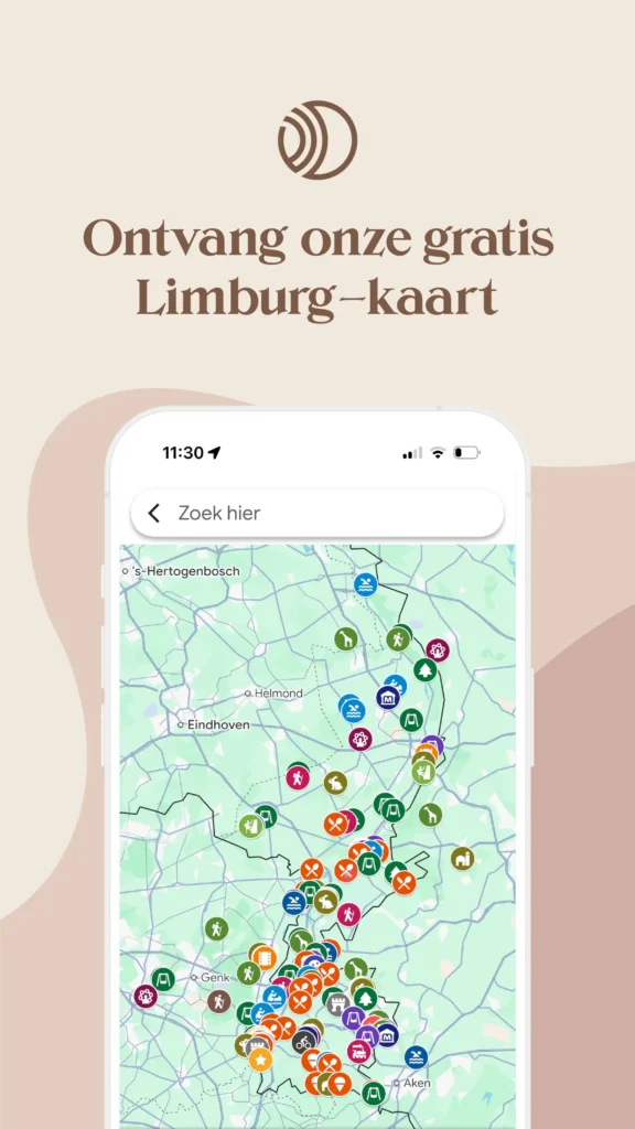 Google Maps kaart van Nederlands Limburg met leuke plekken voor kinderen weergegeven op een smartphone.