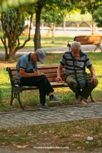 Twee oudere mannen zitten ontspannen op een bankje een bordspel te spelen in een park langs de boulevard in Berat, Albanië.