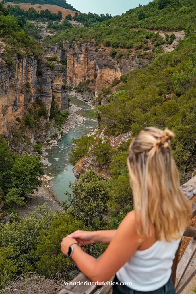 Uitzicht op Osumi Canyon met kronkelende rivier en omringende groene heuvels.