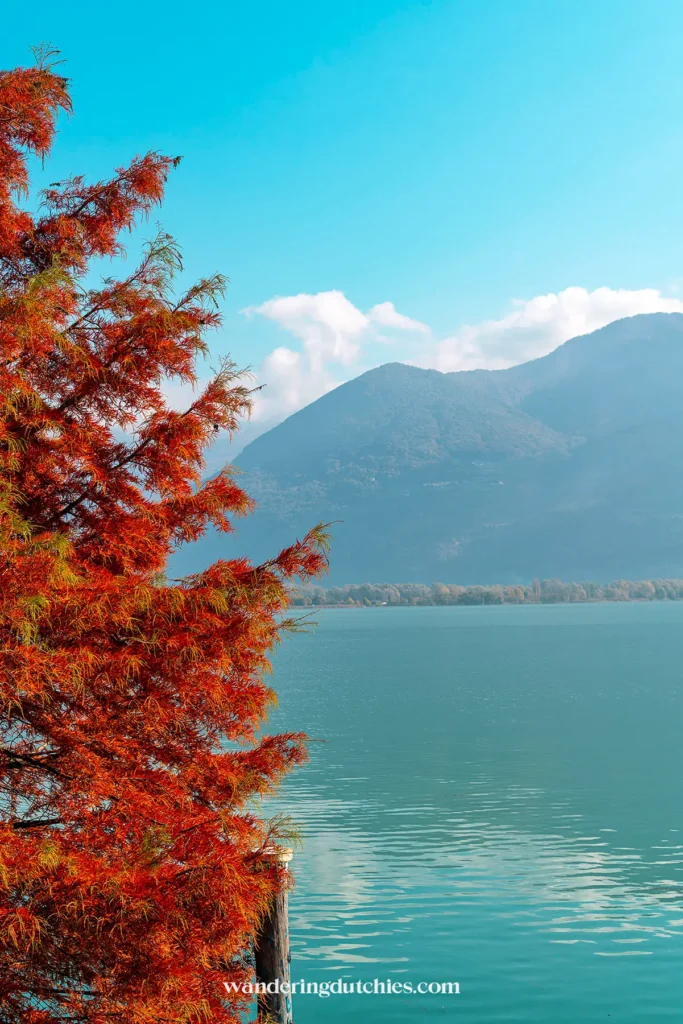 Herfstkleuren bij het Iseomeer in Italië met een prachtig uitzicht op de bergen en helderblauw water.