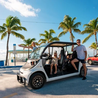 Gezin op roadtrip door Florida in elektrische golfkar in Key West met palmbomen op de achtergrond