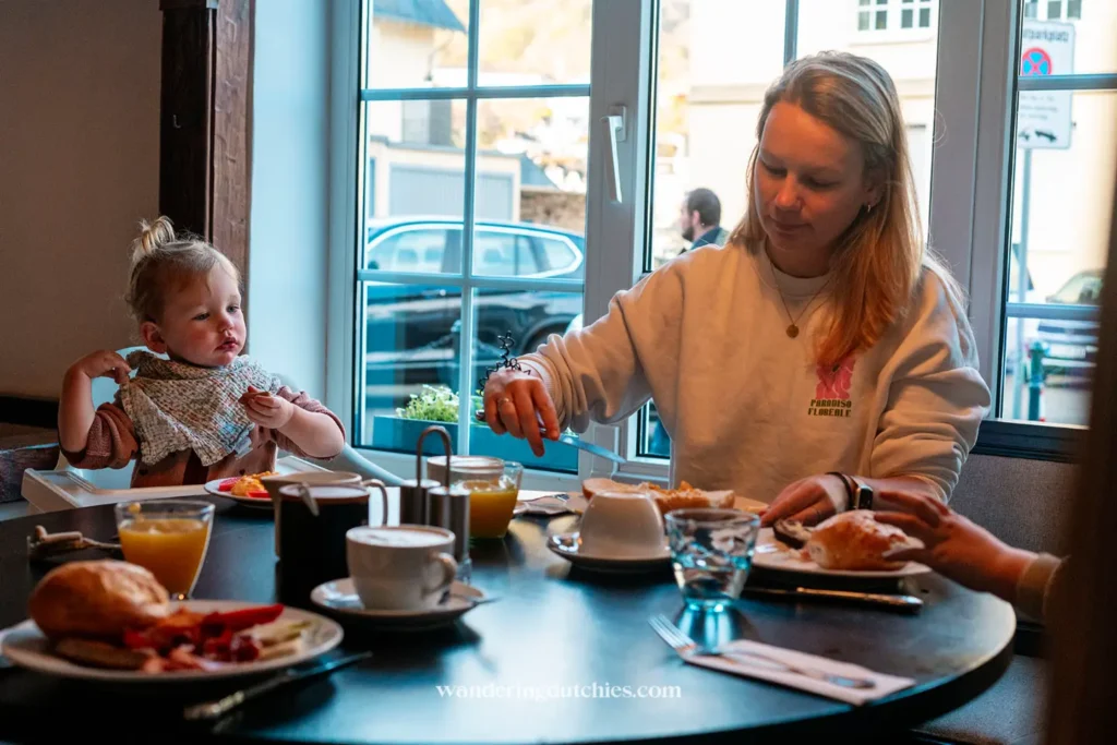 Breakfast with kids at Hotel Zehnthof in Cochem, Germany.