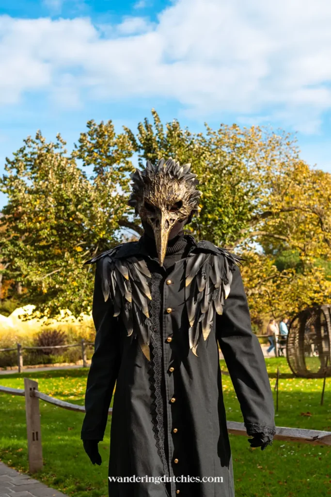 Acteur in zwarte vogelmasker tijdens Halloween in Pairi Daiza.