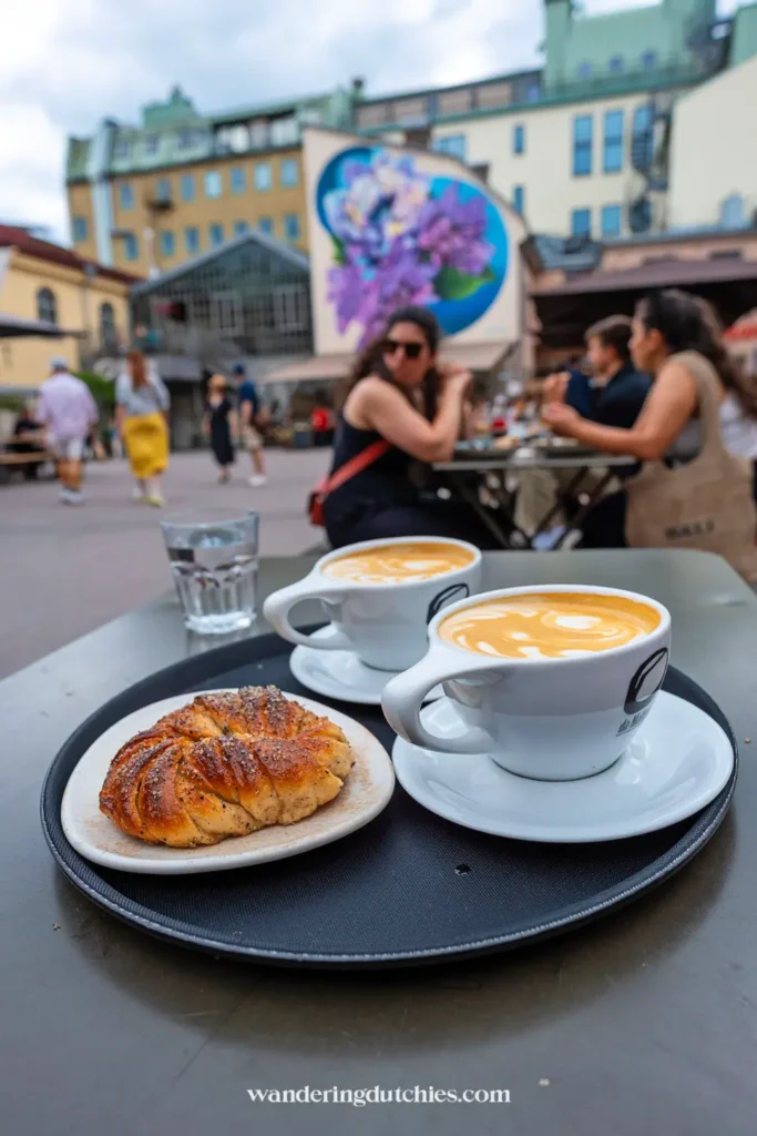 Twee cappuccino’s en een kaneelbroodje tijdens fika op een terras in het centrum van Göteborg.