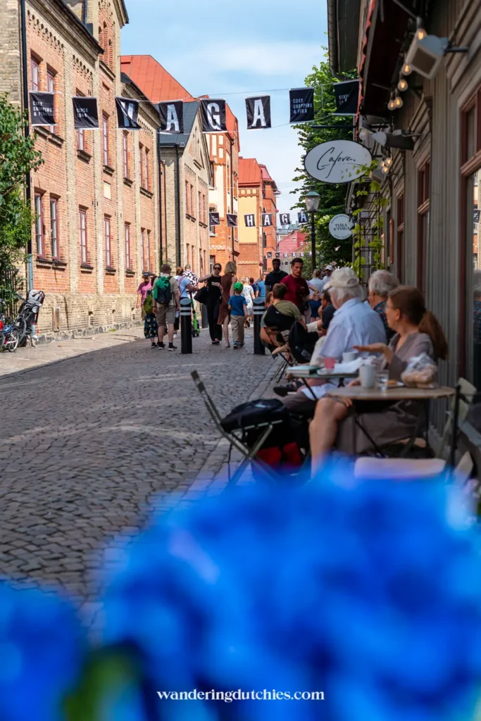 De gezellige straat Haga Nygata in Göteborg met boetiekjes, cafés en mensen op het terras.