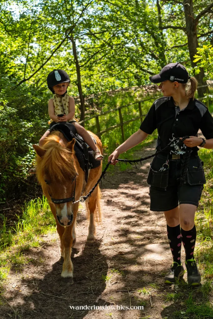 Kind rijdt op een pony tijdens een ritje in het park Slottsskogen in Göteborg.