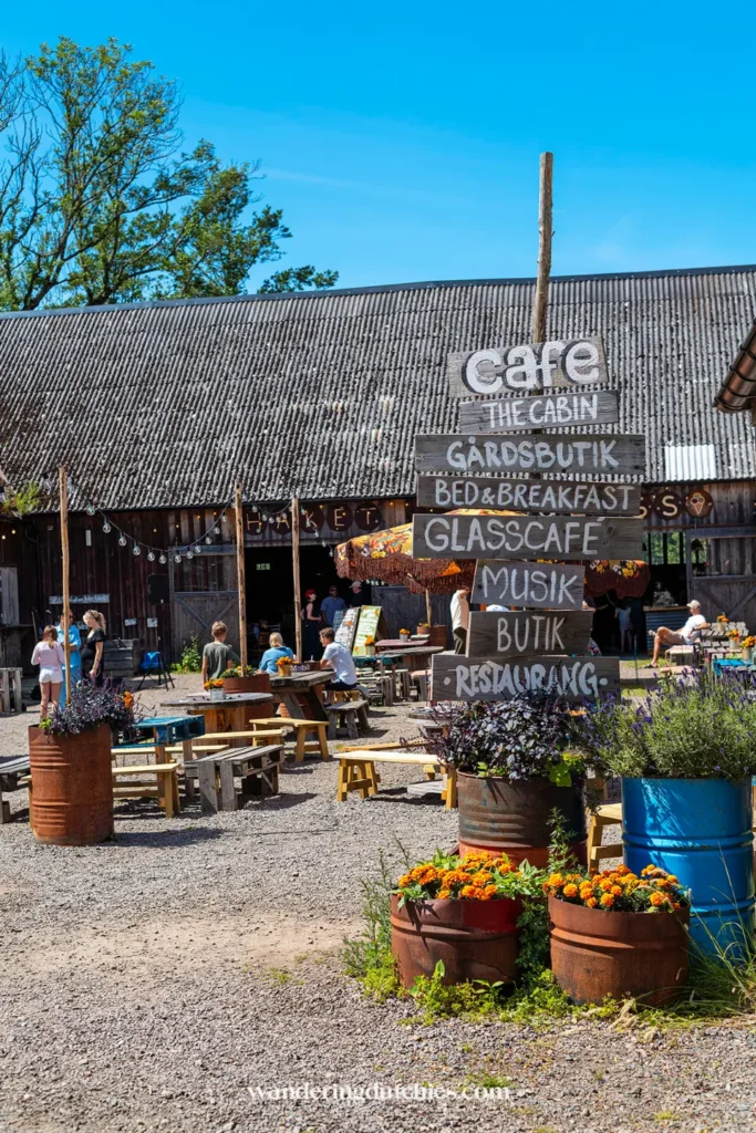 Binnenplaats van Strömma Farmlodge met houten tafels, bloemen in tonnen en het café op de achtergrond.