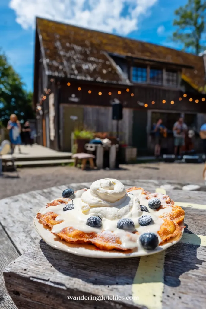 Vers gebakken wafel met slagroom en blauwe bessen bij Strömma Farmlodge in Zweden.