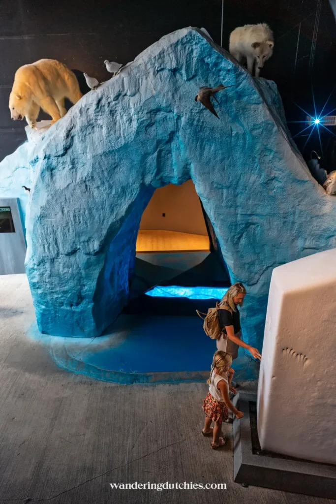 Moeder en dochter ontdekken de ijzige wereld van de pooltentoonstelling in Universeum Göteborg.