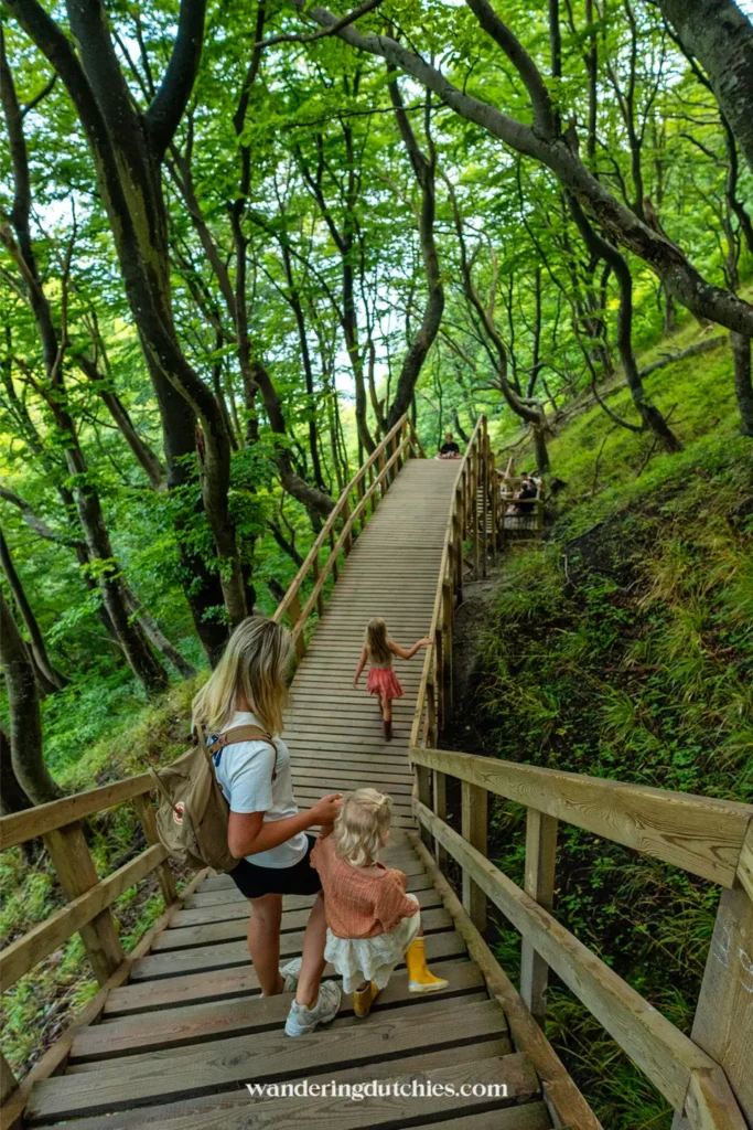 Moeder en kinderen lopen over houten trappen door het bos bij Møns Klint in Denemarken