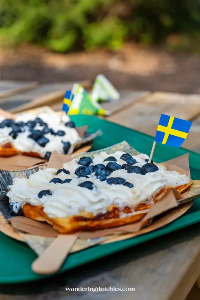 Zweedse wafel met slagroom en blauwe bessen bij Dalslands Moose Ranch tijdens een roadtrip door Zweden