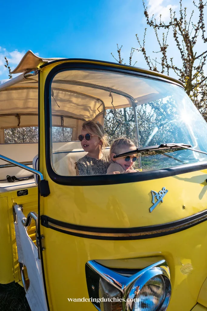 Kinderen in een Ape Calessino tijdens de Bambinotour in Tongeren-Borgloon tussen de fruitbomen.