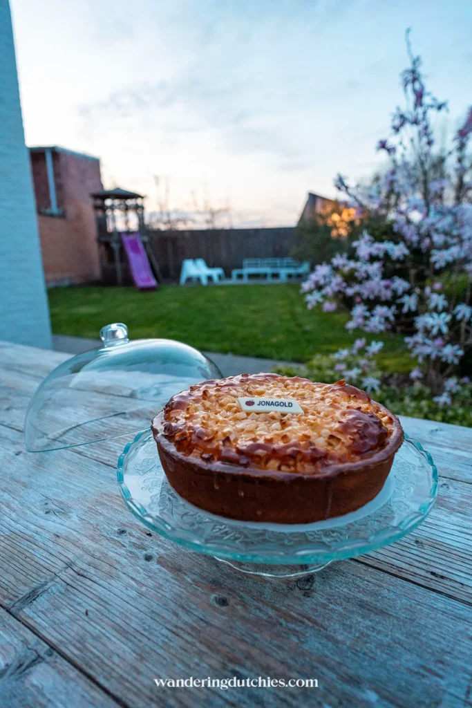 Appeltaart op tafel in tuin van vakantiehuis in Borgloon tijdens zonsondergang.