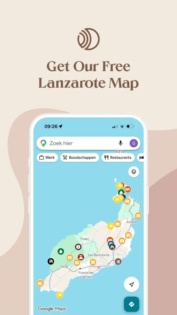 Google Maps map of Lanzarote showing highlights, beaches and attractions on a smartphone.