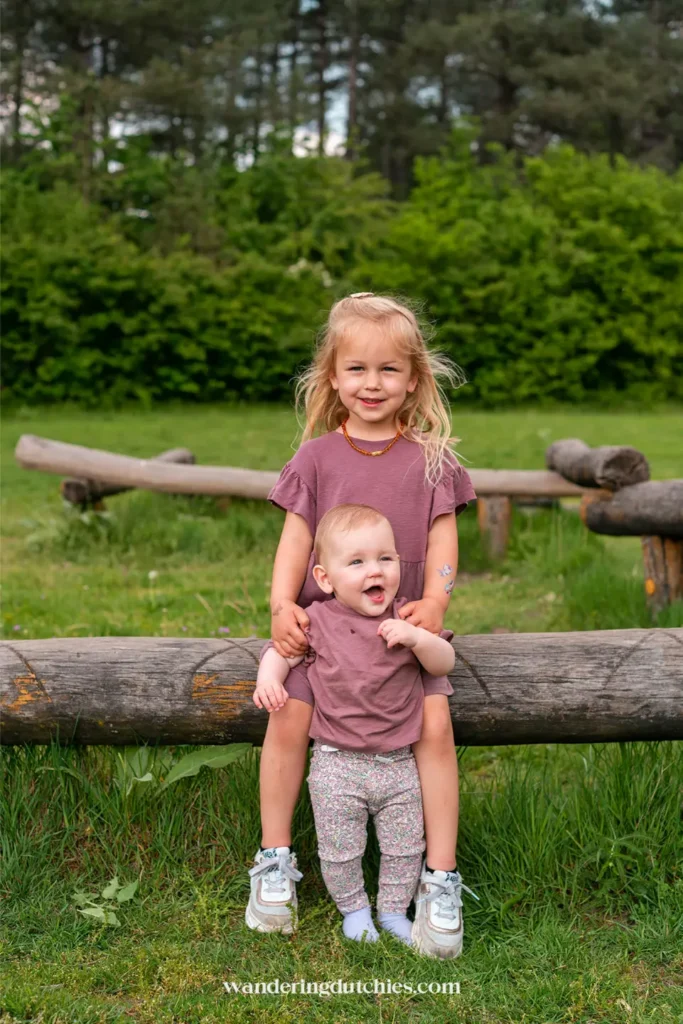 Two young children posing on a wooden fence during a family day out in nature in Limburg.