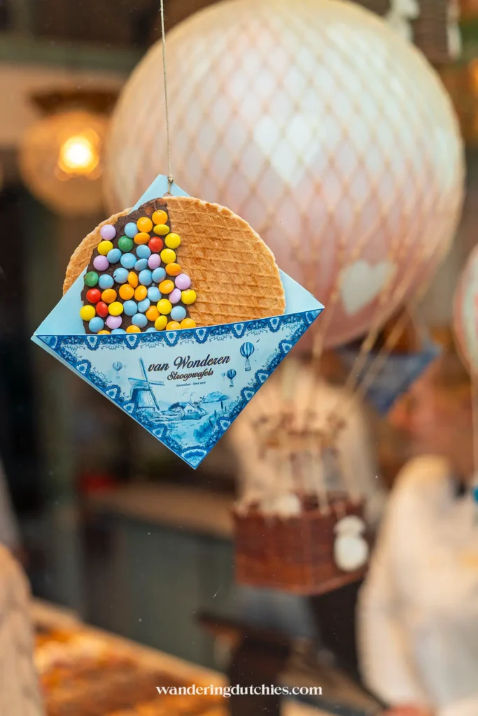 Fresh stroopwafel with colorful toppings at Van Wonderen Stroopwafels in Amsterdam