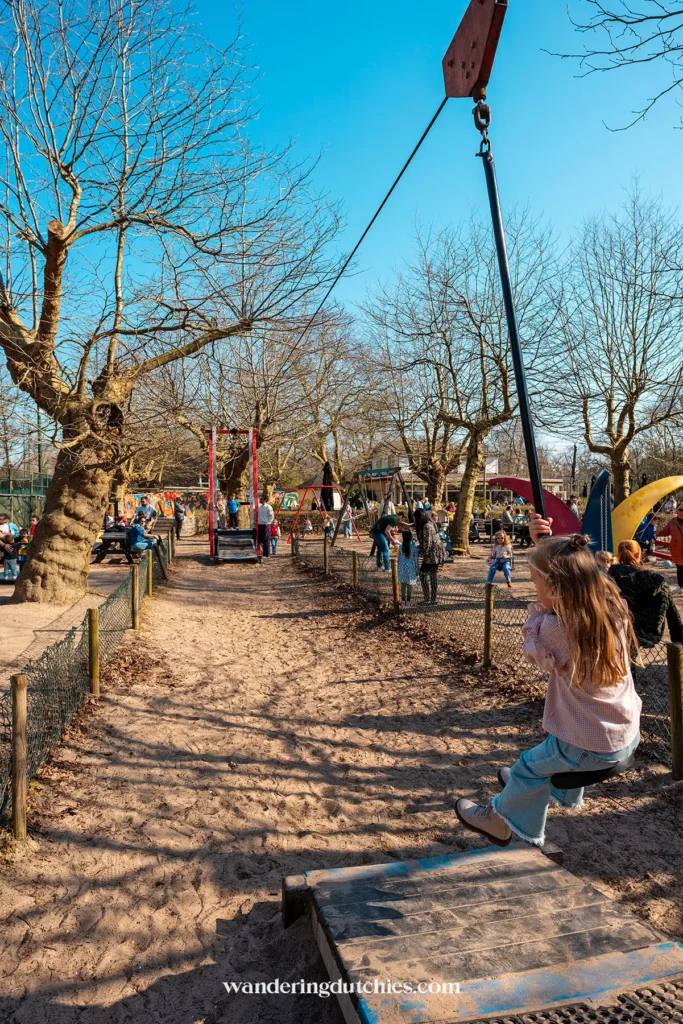 Child playing on the zip line in a Vondelpark playground