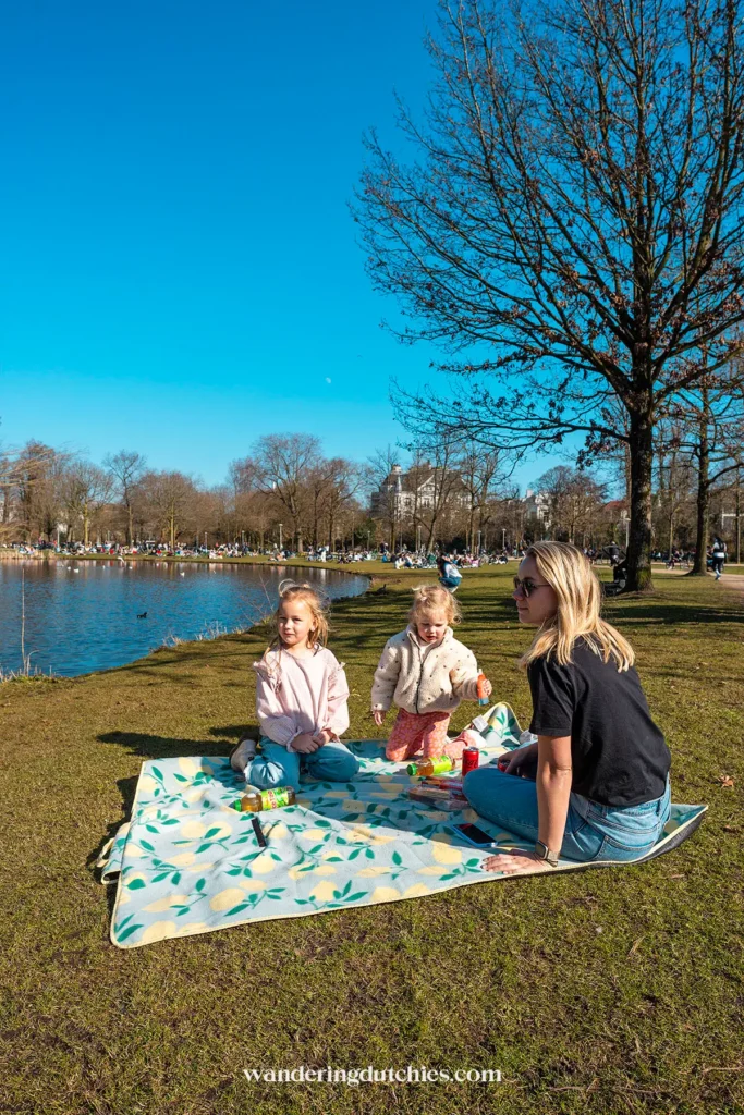 Family having a picnic by the water in Vondelpark in Amsterdam